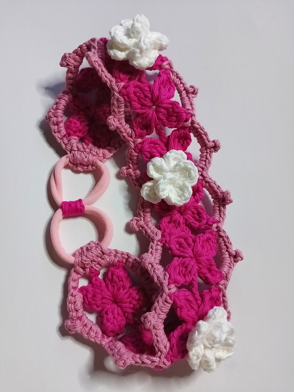 Pink Crochet Flower Hairband with White Flower Accents. 100% Cotton